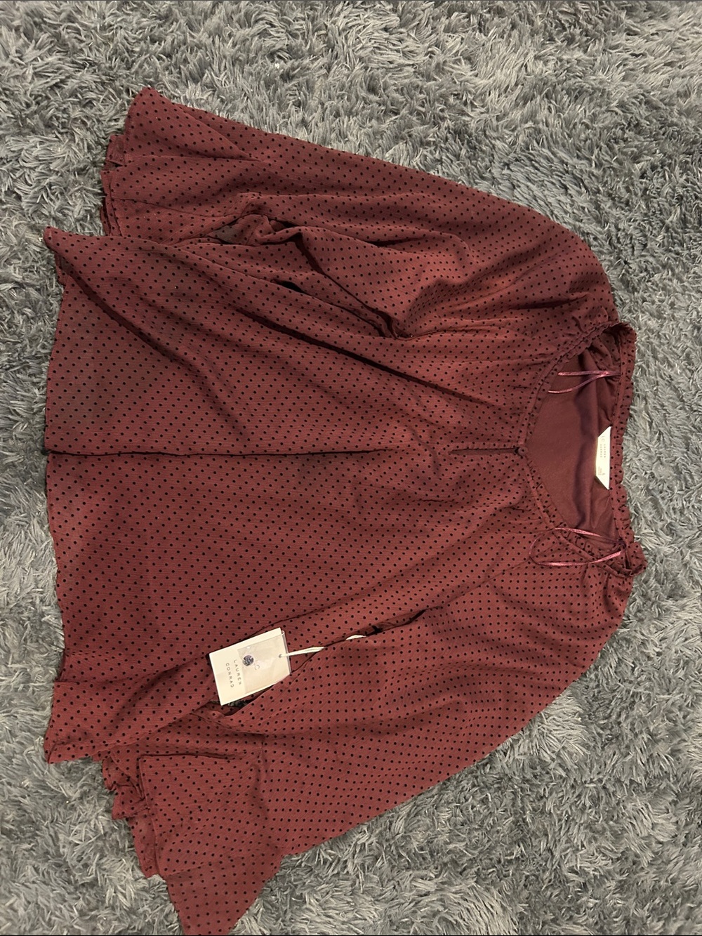 LC Lauren Conrad Maroon Blouse with Black Dot Print